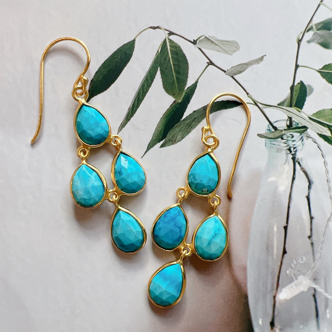 Turquoise Gemstone 925 Silver Gold Plated Earrings