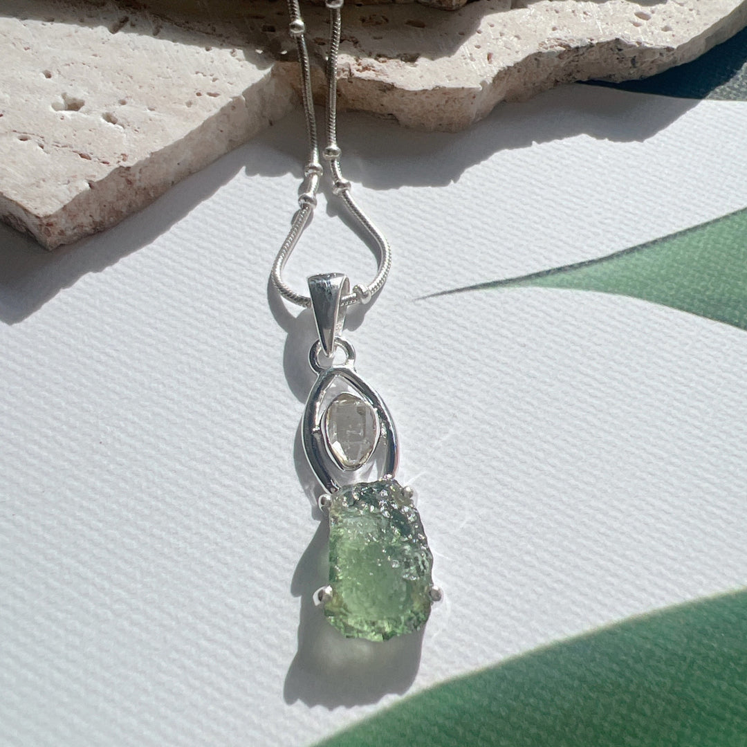 MOLDAVITE & HERKEMIER DIAMOND PENDANT