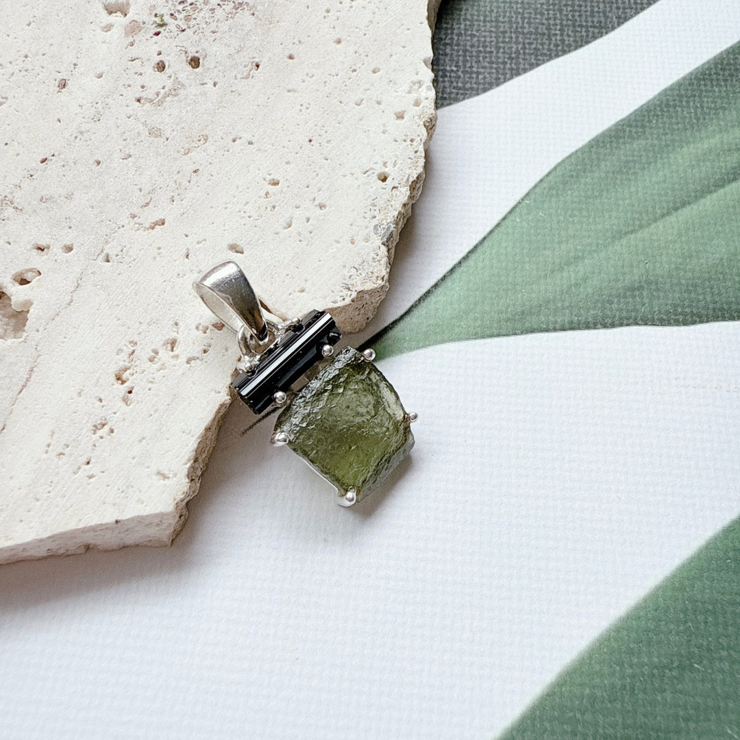 MOLDAVITE & BLACK TOURMALINE PENDANT