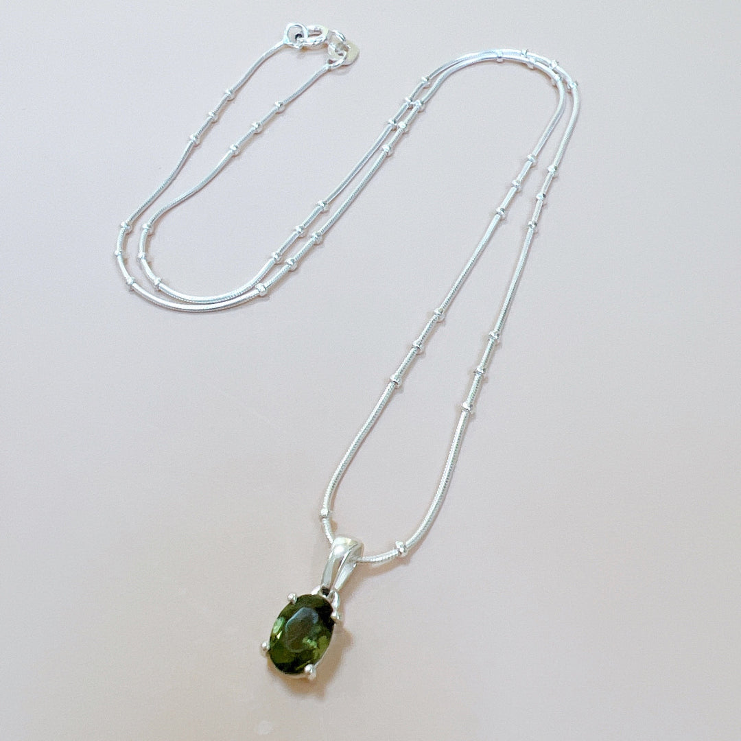 Faceted Moldavite Pendant & Silver Chain