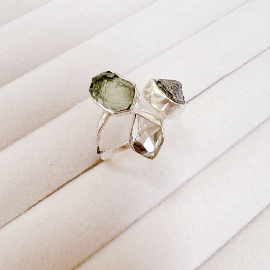 MOLDAVITE, HERKIMER DIAMOND & CAMPO DEL CIELO RING