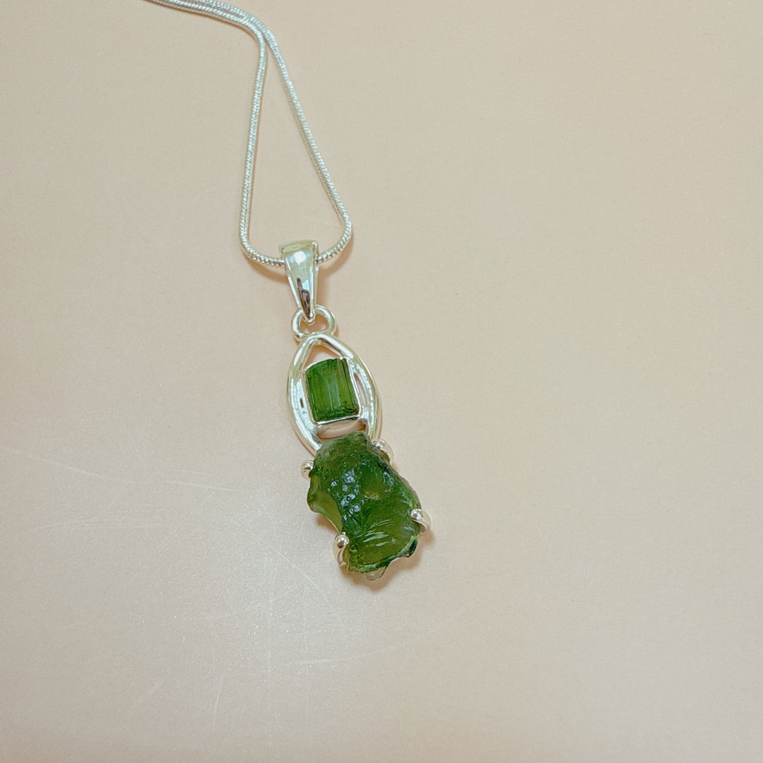 MOLDAVITE & GREEN TOURMALINE PENDANT