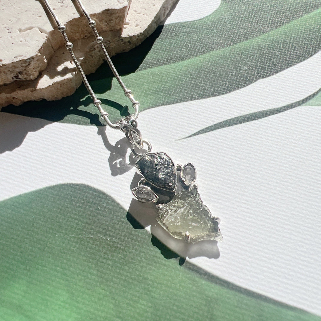 MOLDAVITE, HERKIMER DIAMOND, METEORITE CAMPO DEL CIELO PENDANT