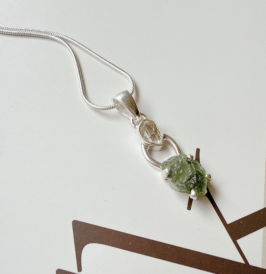 MOLDAVITE & HERKEMIER DIAMOND PENDANT