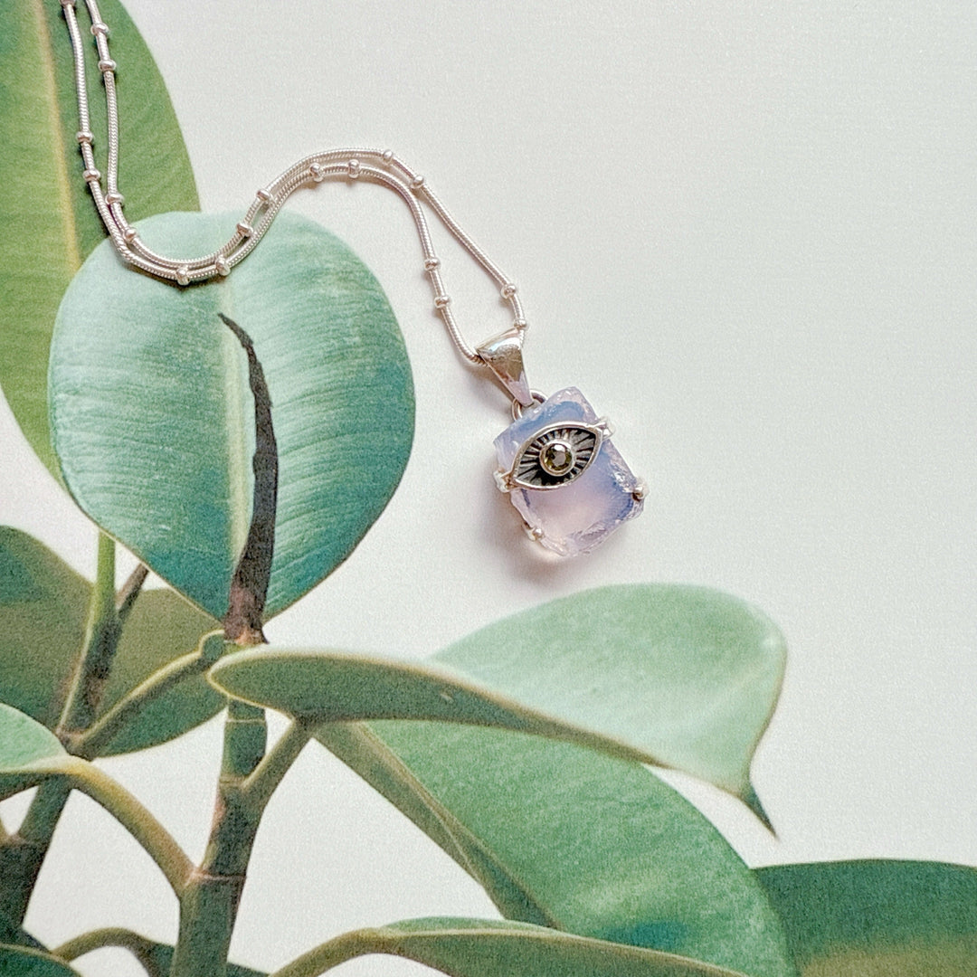 Evil Eye Pendant with Lavender & Faceted Moldavite