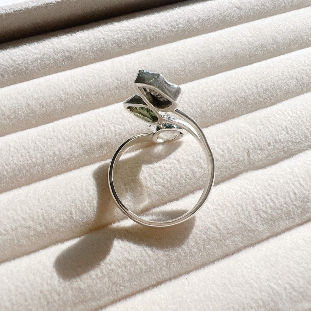 MOLDAVITE, HERKIMER DIAMOND & CAMPO DEL CIELO RING