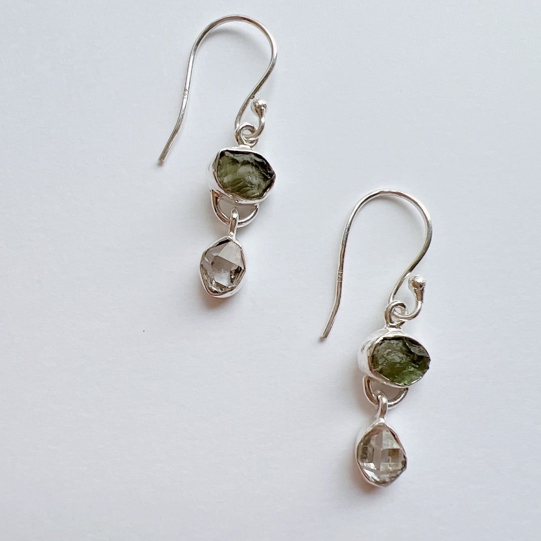 Moldavite & Herkemir Diamond Earrings