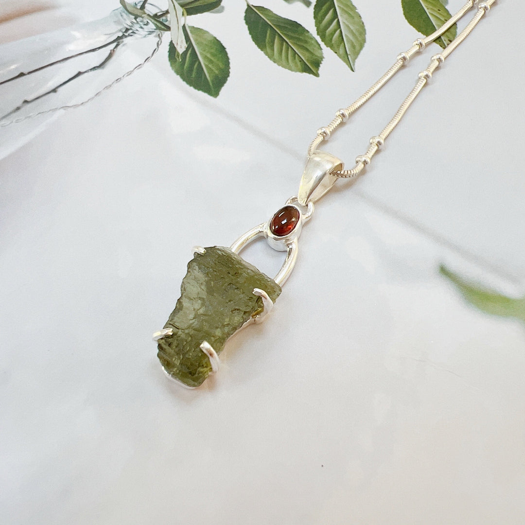 Moldavite & Garnet Pendant