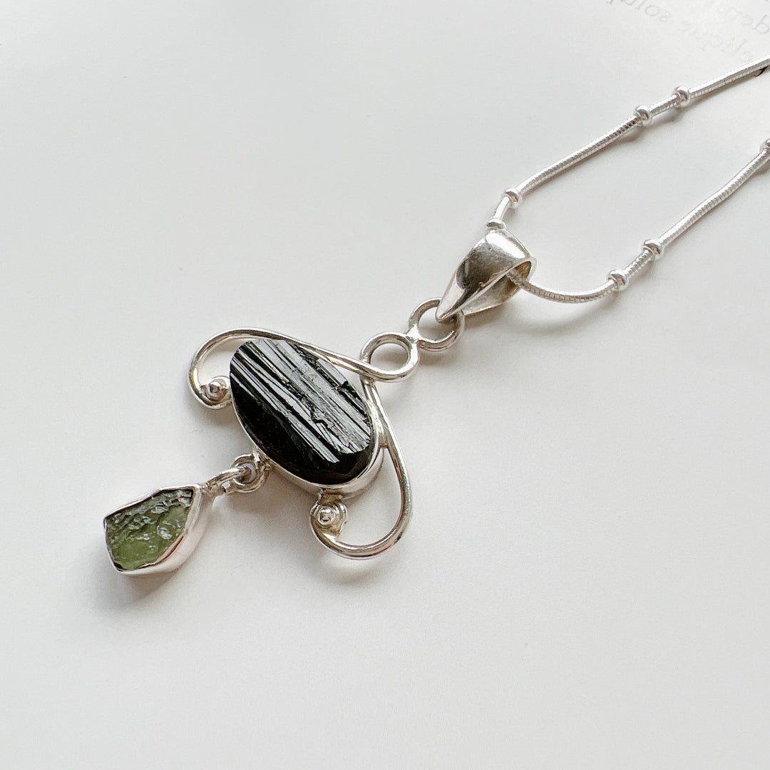 MOLDAVITE & BLACK TOURMALINE PENDANT