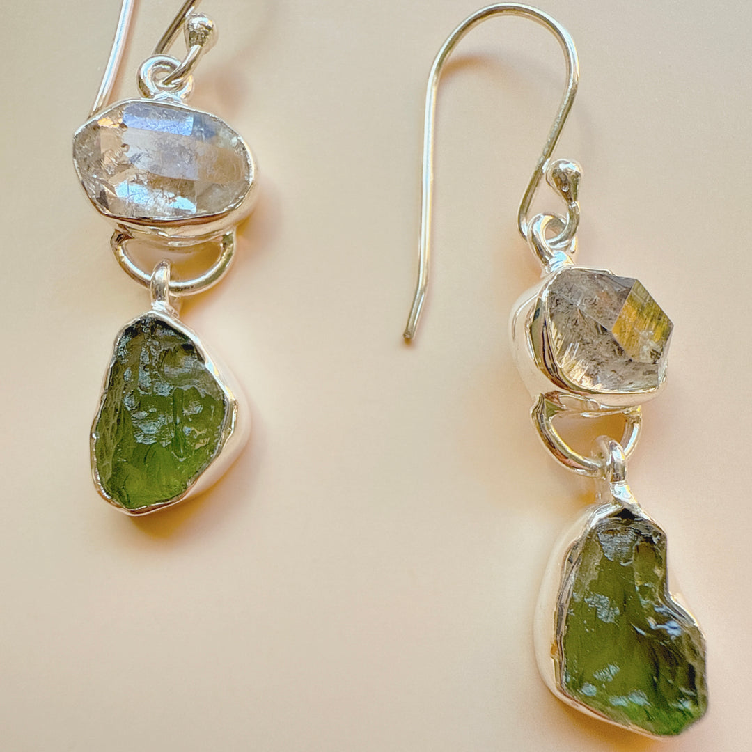 Moldavite & Herkemir Diamond Earrings