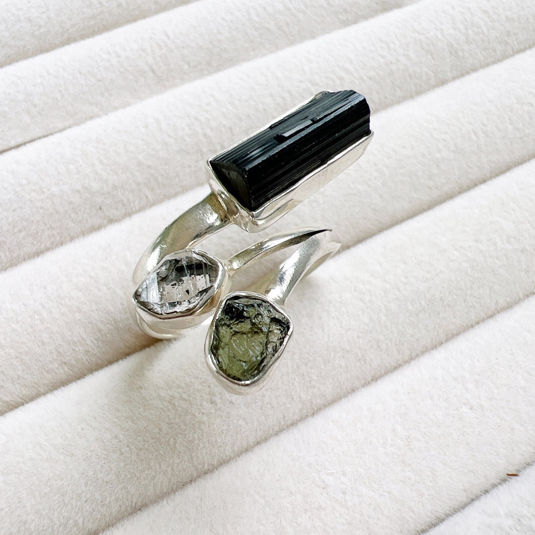 Moldavite , Herkimer Diamond & Black Tourmaline Ring