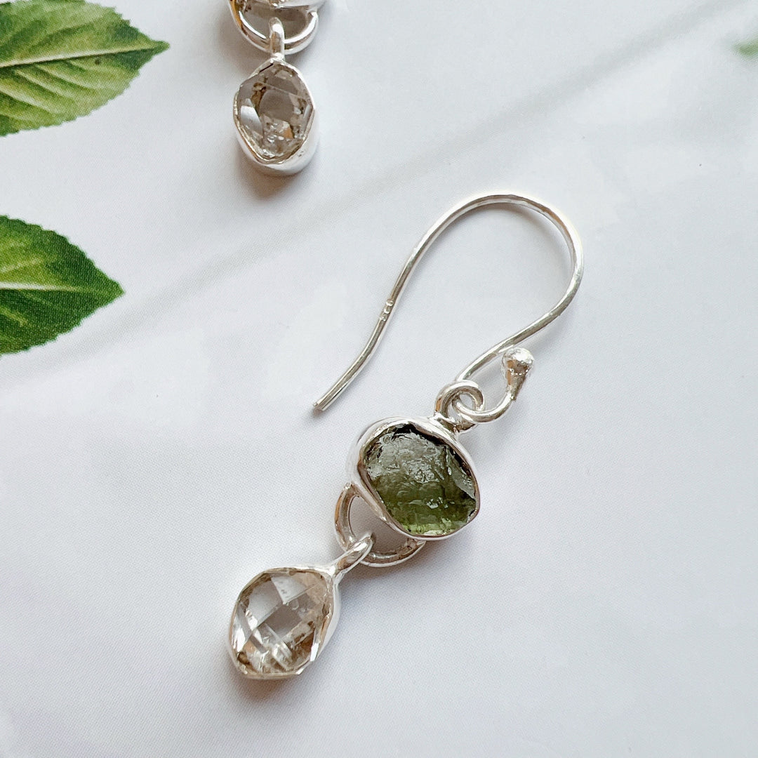 Moldavite & Herkemir Diamond Earrings