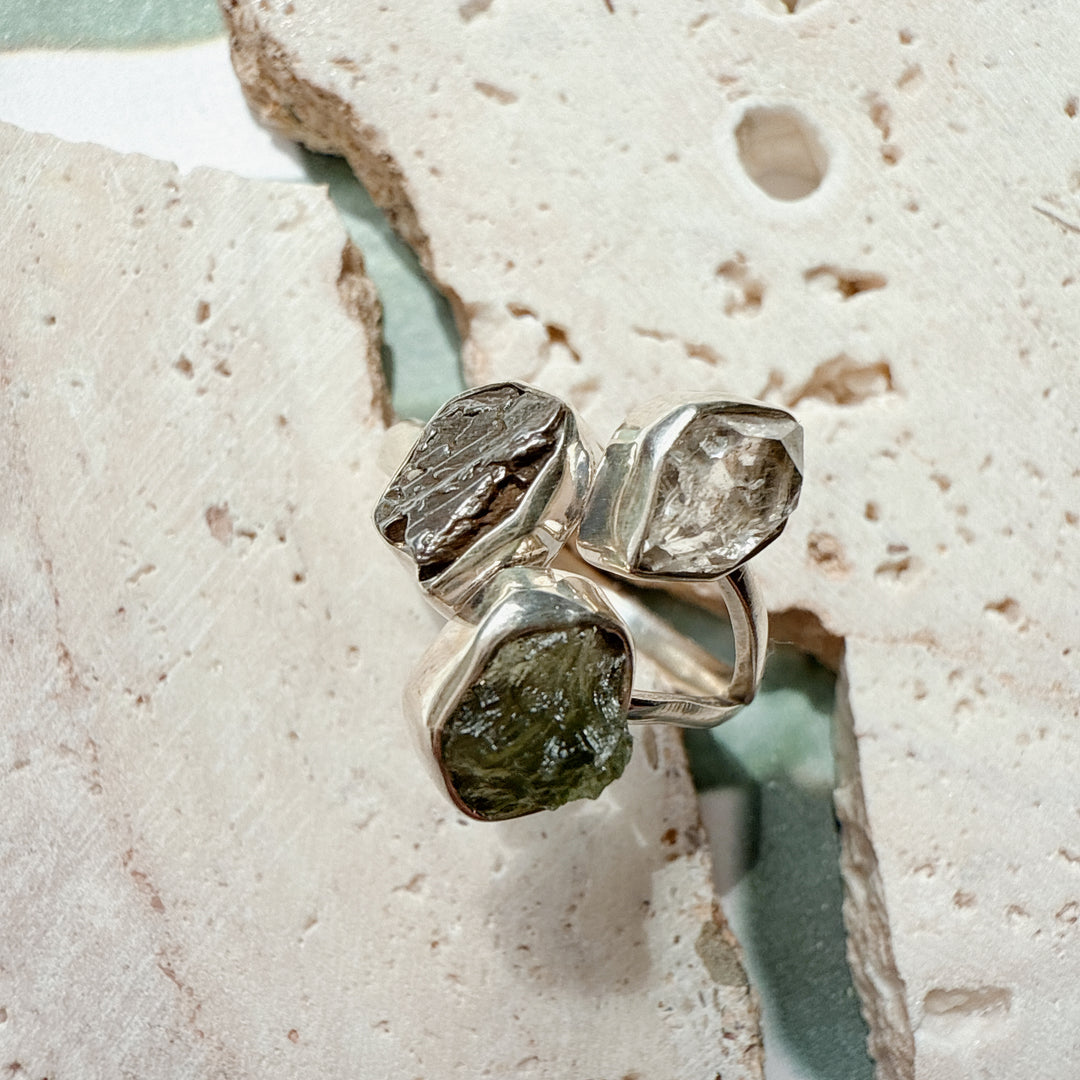 MOLDAVITE, HERKIMER DIAMOND & CAMPO DEL CIELO RING