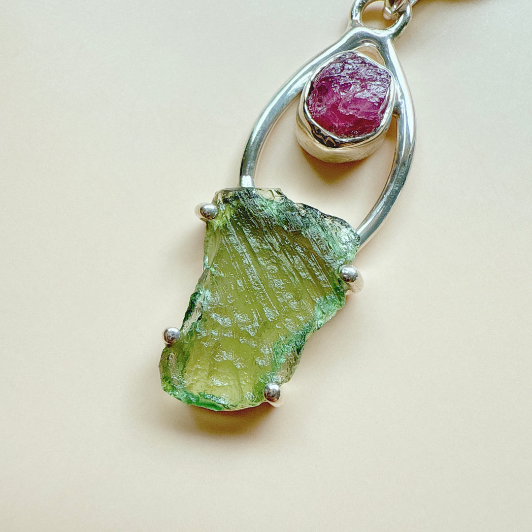 Moldavite & Pink Tourmaline Pendant