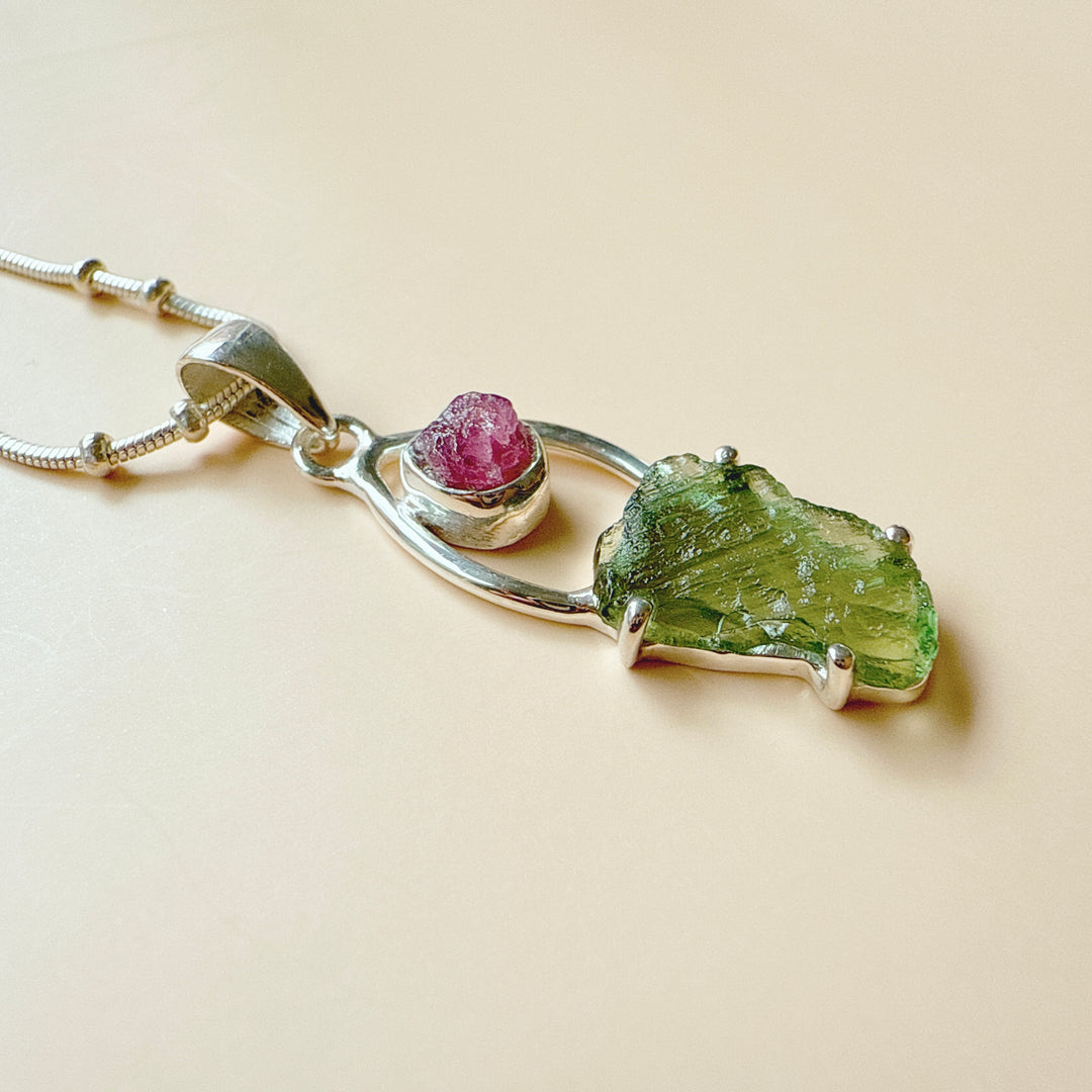 Moldavite & Pink Tourmaline Pendant