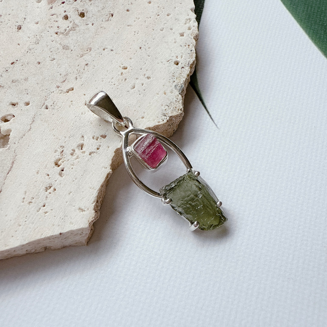 Moldavite & Pink Tourmaline Pendant