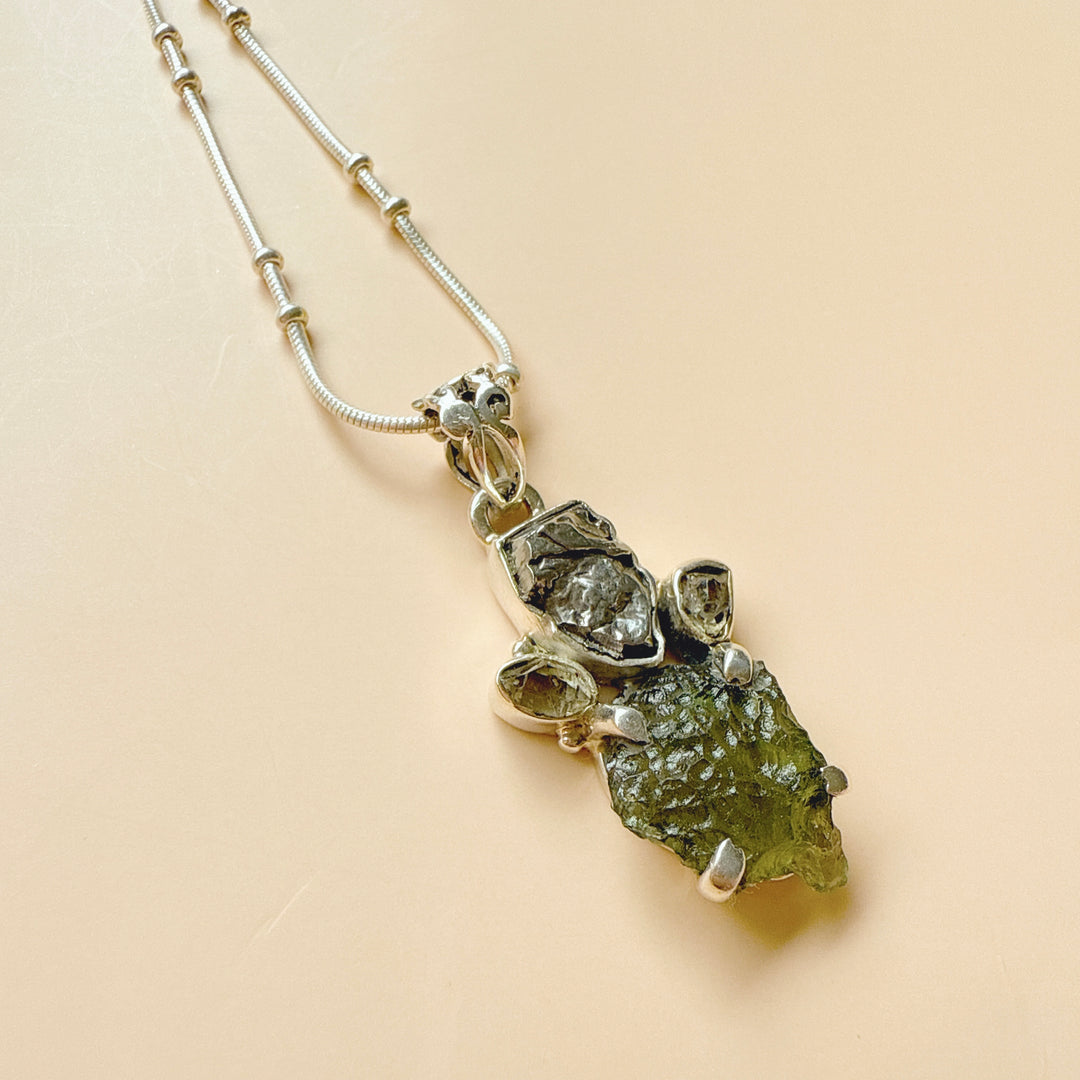 MOLDAVITE, HERKIMER DIAMOND, METEORITE CAMPO DEL CIELO PENDANT