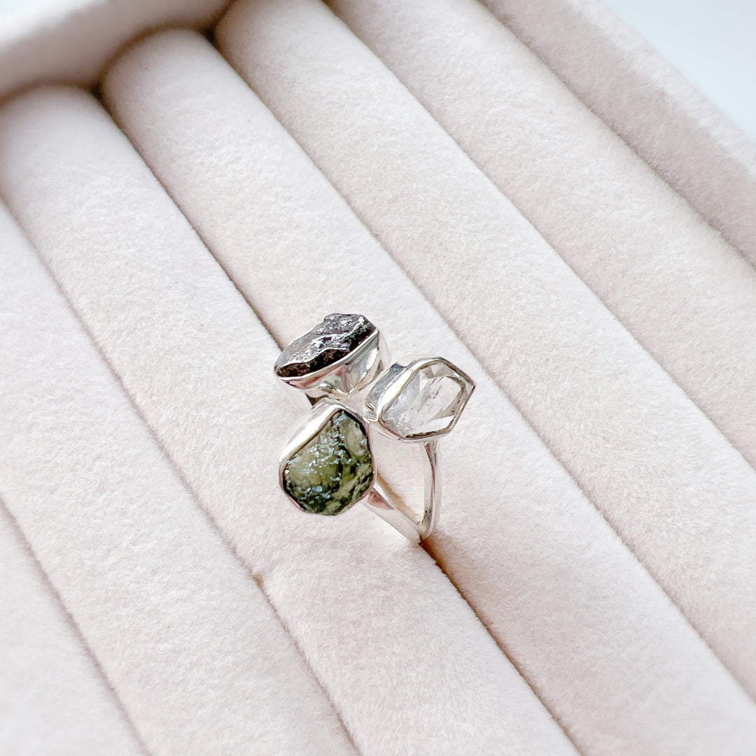 Moldavite, Herkemir Diamond and Campo Del Cielo Ring