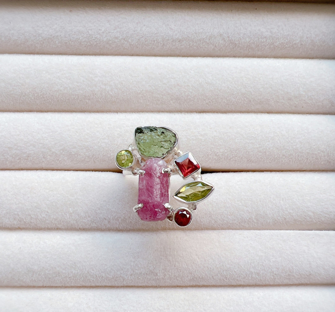 Moldavite, Garnet, Peridot & Pink Tourmaline Ring