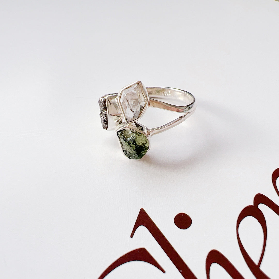 Moldavite, Herkemir Diamond and Campo Del Cielo Ring