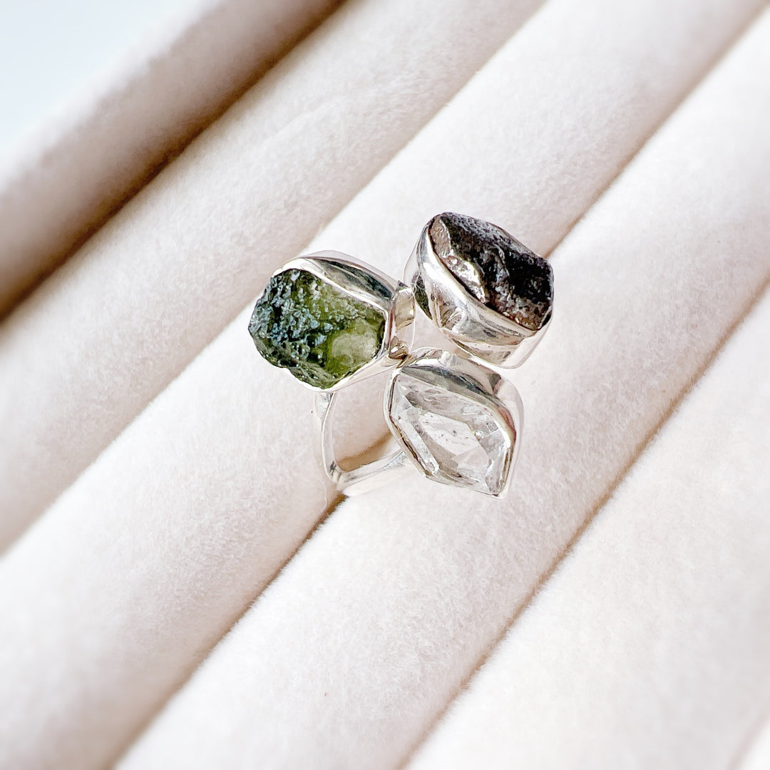 Moldavite, Herkemir Diamond and Campo Del Cielo Ring