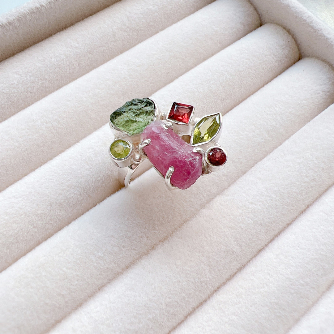 Moldavite, Garnet, Peridot & Pink Tourmaline Ring