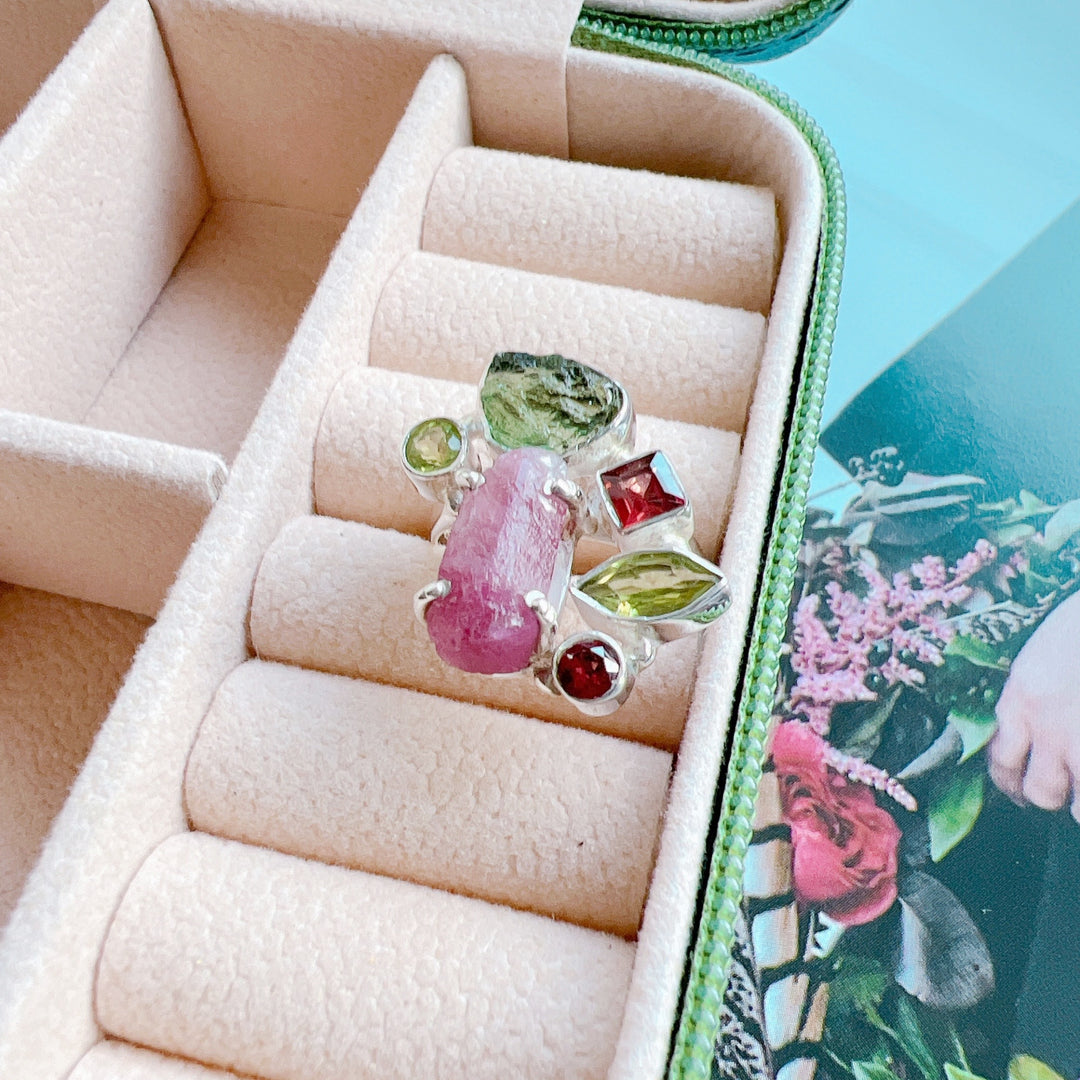 Moldavite, Garnet, Peridot & Pink Tourmaline Ring