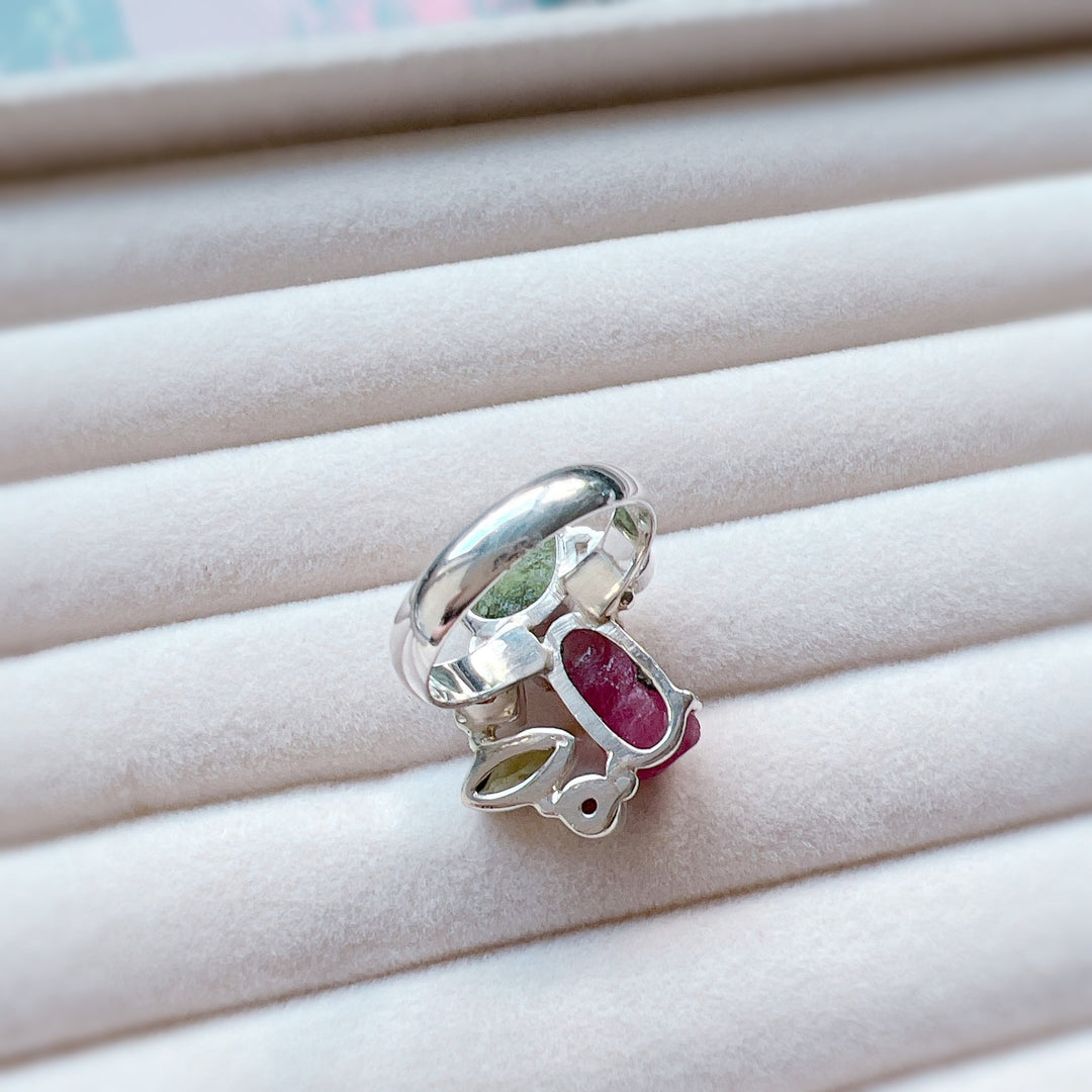 Moldavite, Garnet, Peridot & Pink Tourmaline Ring