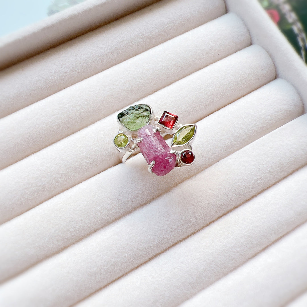 Moldavite, Garnet, Peridot & Pink Tourmaline Ring