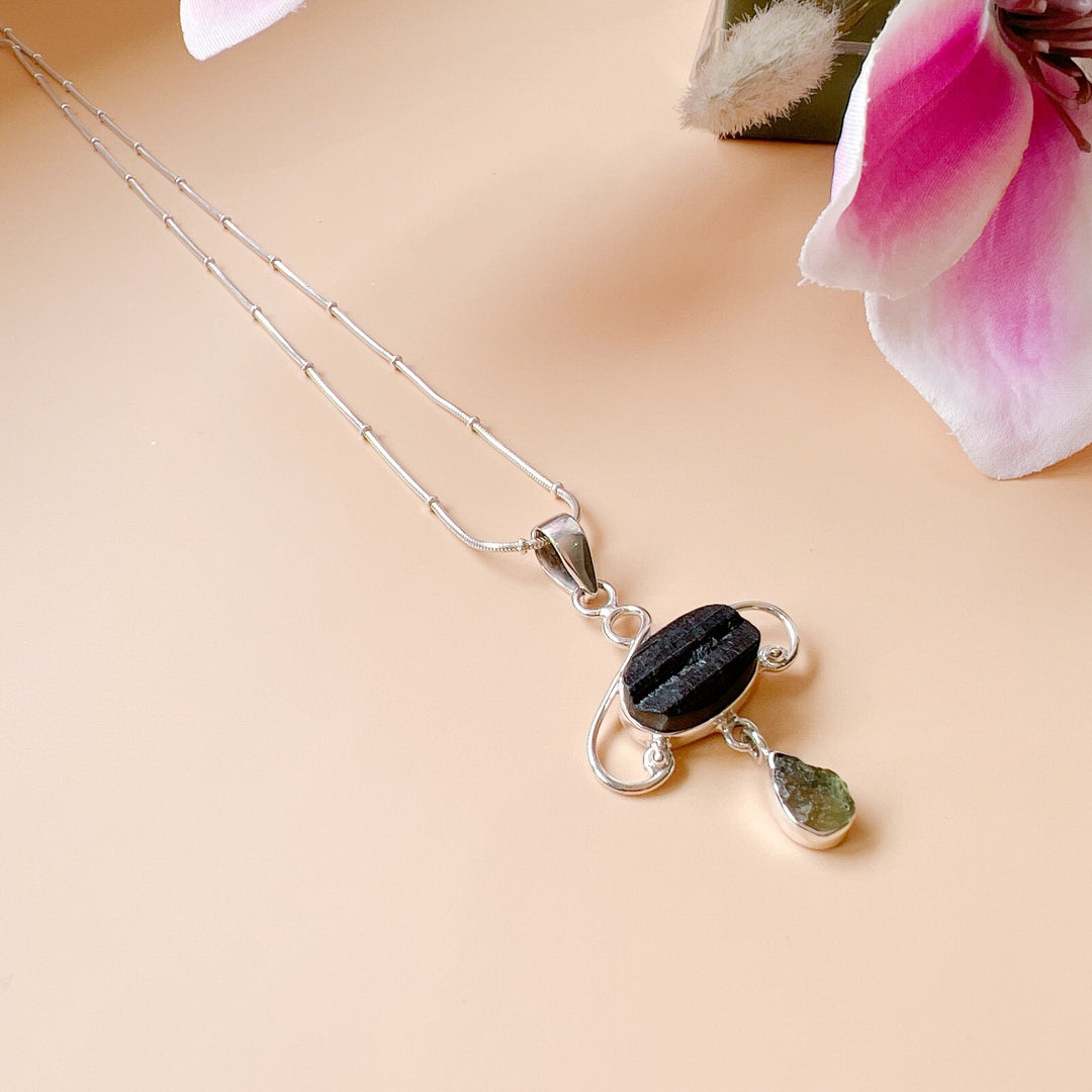 Moldavite & Black Tourmaline Pendant