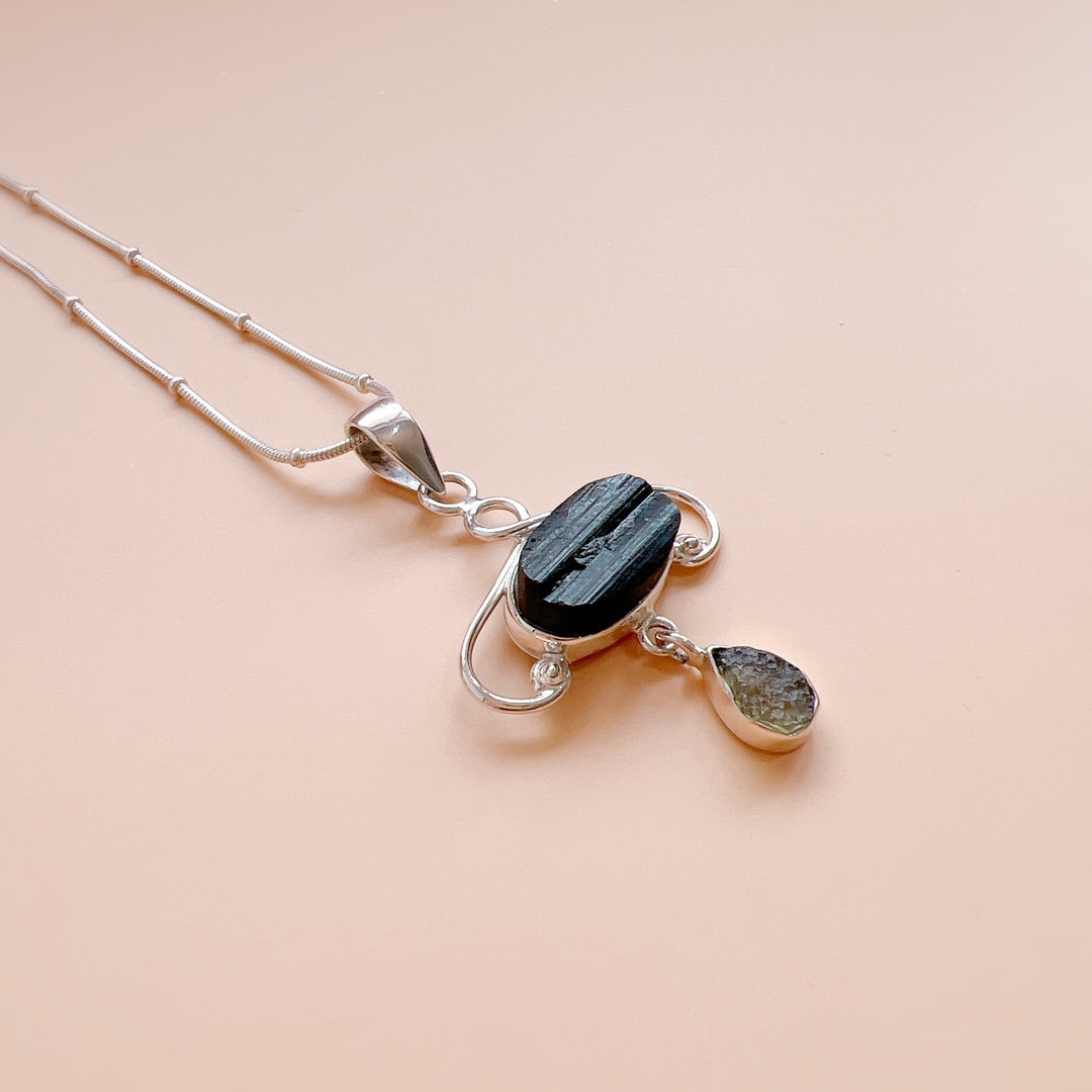 Moldavite & Black Tourmaline Pendant